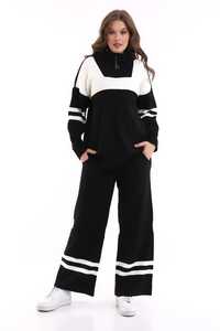 Haute qualité femmes tricots rayé fermeture éclair surdimensionné deux pièces ensemble tenue décontracté tenue de bureau pull pantalon ensemble - Product Image 5