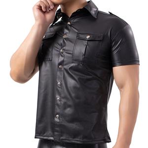 Camisas de Cuero para Hombre, Cuello Alto, Estilo Urbano, Ropa de Discoteca, Sexy, Aspecto Mojado, Camisetas con Botones - Product Image 3