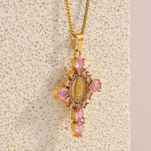 Dreamshow la Vierge <span class=keywords><strong>Marie</strong></span> Collier pendentif croix Zircon <span class=keywords><strong>rose</strong></span> <span class=keywords><strong>Bijoux</strong></span> Collier en acier inoxydable plaqué or - Product Image 5