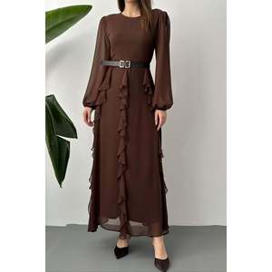 Vestido de Gasa Marrón con Cinturón - Marrón - Product Image 3