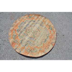 Tapis en laine oriental turc vintage de 3,2 pieds x 3,2 pieds, motif patchwork bleu orange avec support en latex pour décor de salon, tissage plat - Product Image 2