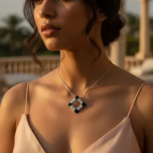 Women's Silver Geometric Pendant <b>Necklace</b> with Black <b>Onyx</b> Accents Fine Pendants & Charms - Product Image 3