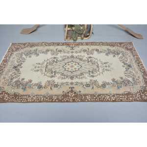 3.9x7.1 ft Eco Friendly Turkish Rug Vintage Moroccan <b>Wool</b> Rug with Patchwork Design and Latex Backing <b>Brown</b> Blue - Product Image 3