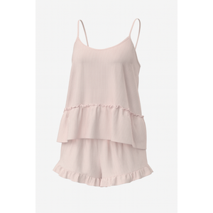 Ensemble de pyjama d'été confortable pour femme : caraco et short en satin côtelé à taille élastique et ourlet à volants – Vente en gros - Product Image 1