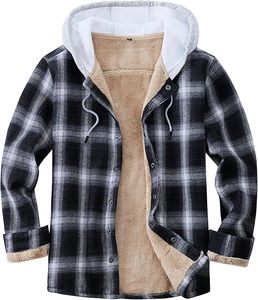 Camisa de Franela a Cuadros de Algodón para Hombre, Chaqueta con Forro de Sherpa, Abrigo de Invierno con Capucha y Botones - Product Image 1