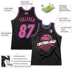 Jersey de baloncesto bordado sublimado con logotipo personalizado de calidad superior hecho en fábrica Jersey de malla de poliéster de punto acanalado con cuello Rosa negro - Product Image 2
