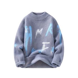 Men's Oversized Jacquard Pullover Sweater Winter <b>Block</b> Print Fleece with Long Sleeves And Crew Neck Solid Color Knitted Design - Product Image 1
