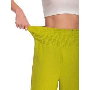 Pantalon large taille haute en maille froissée, style décontracté, léger, pour la détente, devant plat, taille smockée, tissu respirant - Product Image 4
