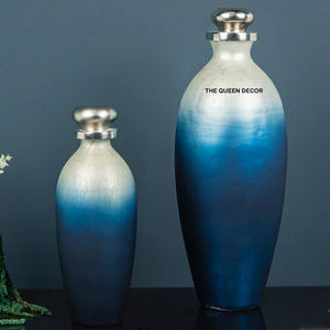 Best Selling Pure Handmade Aluminum Metal Round Shape Blue and White Finish Double Shade <b>Decorative</b> Ginger Jar - Product Image 1