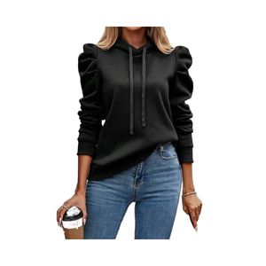 2024 Ladies Elegant Hooded Puff Sleeves New Fashion Solid Color <b>Long</b> Sleeved Casual <b>Women's</b> <b>Sweatshirt</b> Autumn Winter - Product Image 1