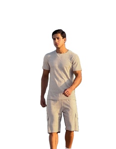 Beige Waffle <b>Knit</b> Round Neck Formal Solid Summer Breathable 100% Cotton Cargo Shorts <b>Set</b> - Product Image 4