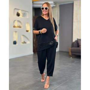 Women's Short-Sleeved V-Neck <b>Sequined</b> Viscose Two-Thread Blouse and <b>Pants</b> Two-Piece Set, 33169 - Black - Product Image 3