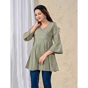 <b>Green</b> Cotton Poplin Knitted Angrakha <b>Top</b> Casual XL <b>Crop</b> <b>Top</b> for Women Woven Daily Summer and Spring Clothing with Casual Style - Product Image 3