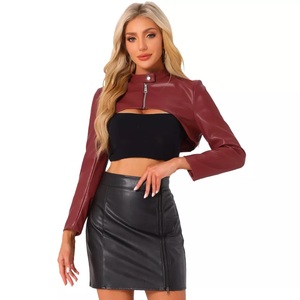Women's Long Sleeved Moto Biker Faux Leather <b>Jacket</b> <b>Cropped</b> Stand Collar Zipper Front Solid Autumn Sheep Skin Inspired - Product Image 5