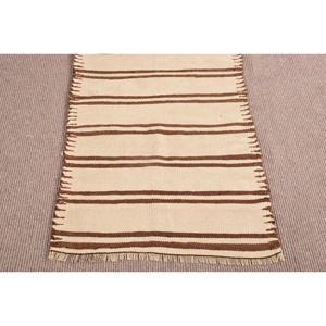 Vintage Rug, Runner 2.5x10 ft Turkish Rug, <b>Brown</b> White Striped <b>Wool</b> Rug - Product Image 5