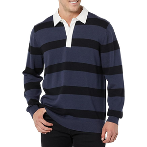 Camisa de rugby azul marino para hombre, Jersey de punto informal con cuello de polo de manga larga a rayas, ropa deportiva clásica, atuendo elegante y cómodo - Product Image 1