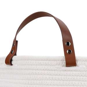 Woven Cotton Rope Storage Basket with Leather Handles Cream White Blanket Laundry Toy Organizer Hamper - Product Image 6