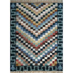 Alfombra de Lana Afgana Azul Zuri Anudada a Mano AKWL-1236 con Patrón Geométrico para Sala de Estar, Tamaño 9x12, para Adolescentes - Product Image 1