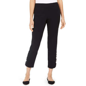 Collezione JM: Pantaloni Casual da Donna a Vita Alta con Controllo Pancia, Stampa Leopardata e Orlo a Scala, Neri, Taglia S, per la Stagione Primaverile - Product Image 1