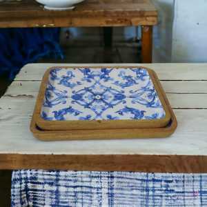 Cuencos de ensalada decorativos redondos hechos a mano, madera de mango con resina marrón Natural azul marino blanco para decoración navideña - Product Image 6