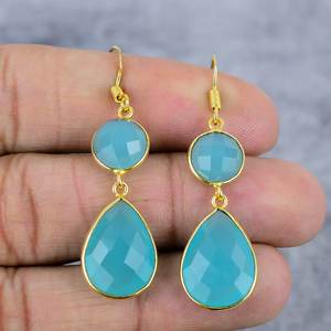 Aqua Chalcedony redondo y forma de pera piedra preciosa 925 plata esterlina chapada en oro pendientes colgantes pendientes de boda regalo para mujeres - Product Image 2