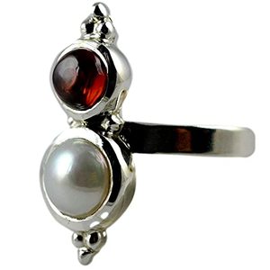 925 Sterling <b>Silver</b> Handmade <b>Ring</b> with Freshwater Pearl and <b>Garnet</b> Boho June Birthstone Jewelry Perfect Gift for Her Birthday - Product Image 1