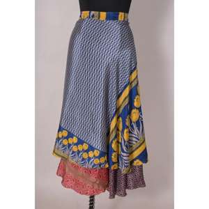Reversible Boho <b>Skirt</b> Dress Art <b>Silk</b> Handmade Wrap from Sari Fabric, Womens Summer Beachwear, Festival or Party Outfit - Product Image 1