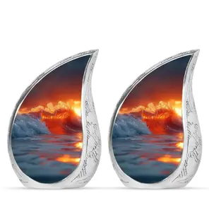 Urna Funeraria Conmemorativa para Cenizas, Estilo Americano, Color Naranja, con Diseño de Olas del Océano y Atardecer, para Adultos - Product Image 2