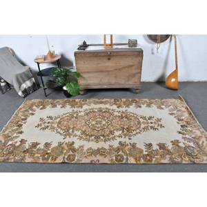 Vintage Classic Turkish Rug Beige <b>Brown</b> 4.1x8.3ft Handmade <b>Wool</b> with Latex Backing Rectangular Patchwork Pattern for Bedside - Product Image 1