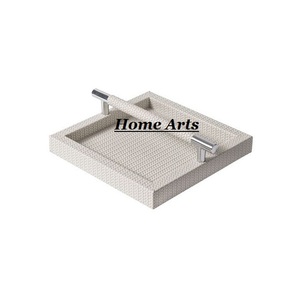 Plateau de service de table de qualité supérieure en bois et cuir, plateau à dattes pour desserts avec poignée en acier inoxydable - Product Image 1