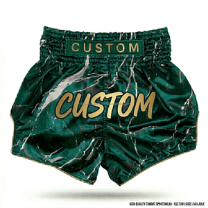 Shorts de Muay Thai personnalisés en satin bleu avec texte personnalisé et imprimé marbré doré complexe – Vente en gros de shorts de Muay Thai - Product Image 1