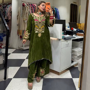 eyeshadow for emerald green dress Mint Petal Dream Green Cotton Suit Set | Embroidered A-line Kurta main image 0