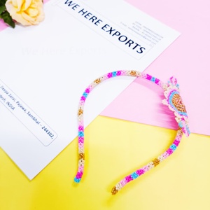 Handmade Beaded Hairband with Heart Shaped Floral Design in Pink Blue and Gold Ideal for Girls Ethnic Fashion Festive Styling - Product Image 6