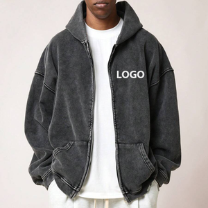 Sweat à capuche zippé surdimensionné en molleton épais 100 % coton, style streetwear automne, délavé à l'acide vintage, gris numérique, pour homme - Product Image 1