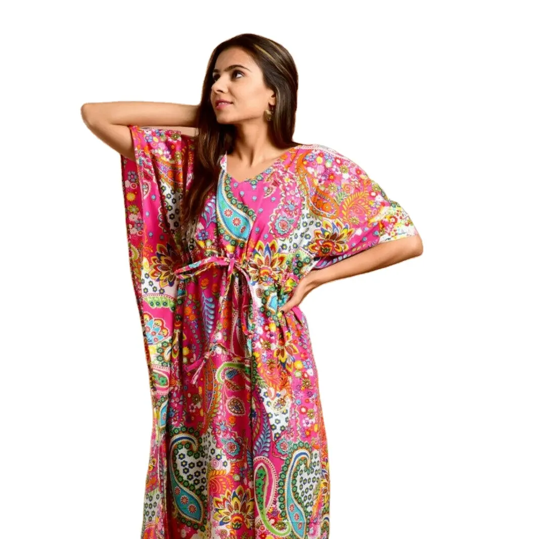 Indian Floral Print Cotton Kaftan Maxi Dress Women Night & Beach Wear Gown Jungle Printed Dresses