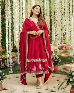 Costume Anarkali traditionnel de luxe en soie romaine de haute qualité avec broderie de paillettes Salwar Kameez pour les fêtes - Product Image 4