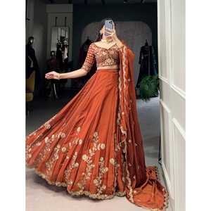 Lehengha choli สีทองมีประกายสนิมสำหรับงานแต่งงานและเทศกาลดิวาลีสำหรับงานปาร์ตี้สีน้ำตาล - Product Image 1