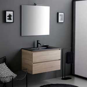 Meuble de salle de bain mural minimaliste en chêne KORICINI 80 cm, deux pièces, avec ensemble lavabo Belize noir mat - Product Image 1