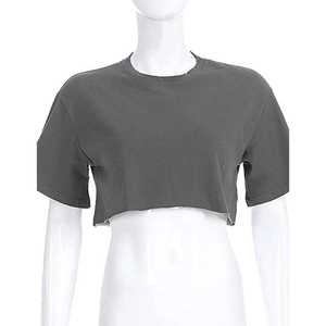 Camisetas de gran tamaño recortadas de algodón personalizadas para mujer, ropa de calle de alta calidad deportiva para gimnasio, camisetas cortas grises con serigrafía informal - Product Image 3