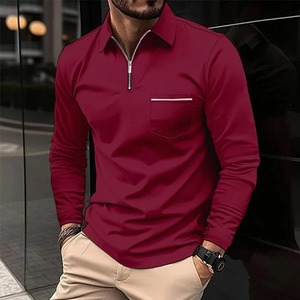 2025 printemps automne nouvelle couleur unie mode hommes décontracté fermeture éclair poches tout match pull à manches longues pour polos rabattu - Product Image 1