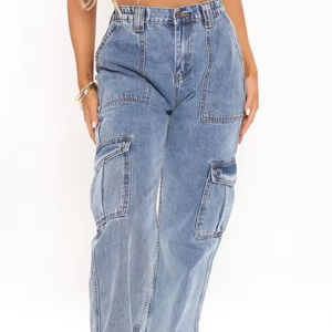 Wholesale Autumn <b>Womens</b> <b>Jeans</b> Washed Blue <b>Jeans</b> Customer Logo High Waist <b>Elastic</b> Buttons Denim Pants <b>Womens</b> <b>Jeans</b> - Product Image 1
