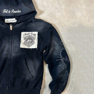 2025 nouveau Design 100% coton lourd Boxy en détresse brodé Logo imprimé manches fermeture éclair hommes lavé à capuche - Product Image 5