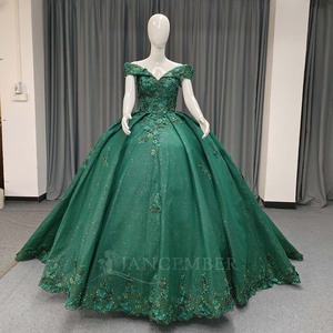 ANY187 Glitter Sweetheart <b>Emerald</b> Green Crystal Beading Lace Appliqued Print Evening Party Ball Gown <b>Dress</b> - Product Image 1