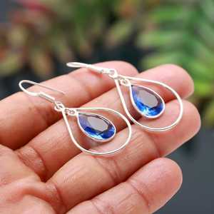 Handmade 925 Sterling Silver Tanzanite <b>Quartz</b> Earring Blue Colour Pear Shape Gemstone Bezel Jewelry Gift - Product Image 5
