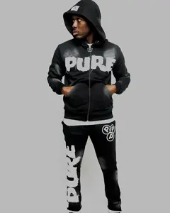 OEM Manufacturer <b>Applique</b> Embroidery And Acid Wash Heavy Weight Tracksuit Cotton Fleece Streetwear Tracksuit For Men 500 GSM - Product Image 4