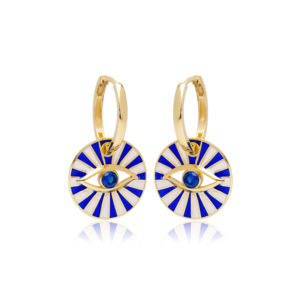 Pendientes colgantes con diseño de ojo turco esmaltado de piedra de zafiro, joyería fina turca al por mayor, joyería de plata de ley 925 - Product Image 1