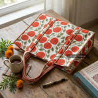 PinksaFashion Tas Jinjing Beritsleting Terbuka Berbahan Katun 100% dengan Cetakan Tangan India, Tas Pantai Motif Bunga Besar untuk Wanita Musim Panas 27243