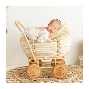 Baby girl and boy toy rattan doll pram wagon with wheel high craftsmanship stable kids toy stroller for dolls