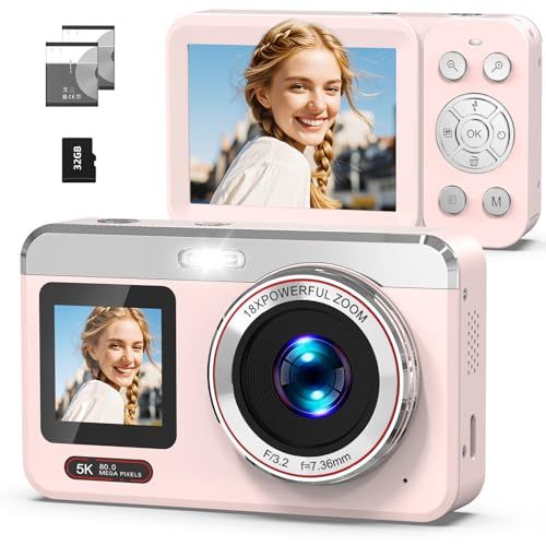 Digital Camera 5K Vlogging Photography 80MP Dual Screen Point Shoot Auto Focus 16X Zoom Flash 2 Batteries 32GB Card Teens Adults