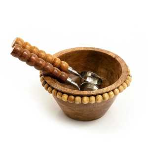 Juego de 3 piezas de ensaladera de madera con borde de cuentas y asa de hueso, tallado en forma de pera, para regalo de boda y decoración de fiesta de inauguración de casa - Product Image 1